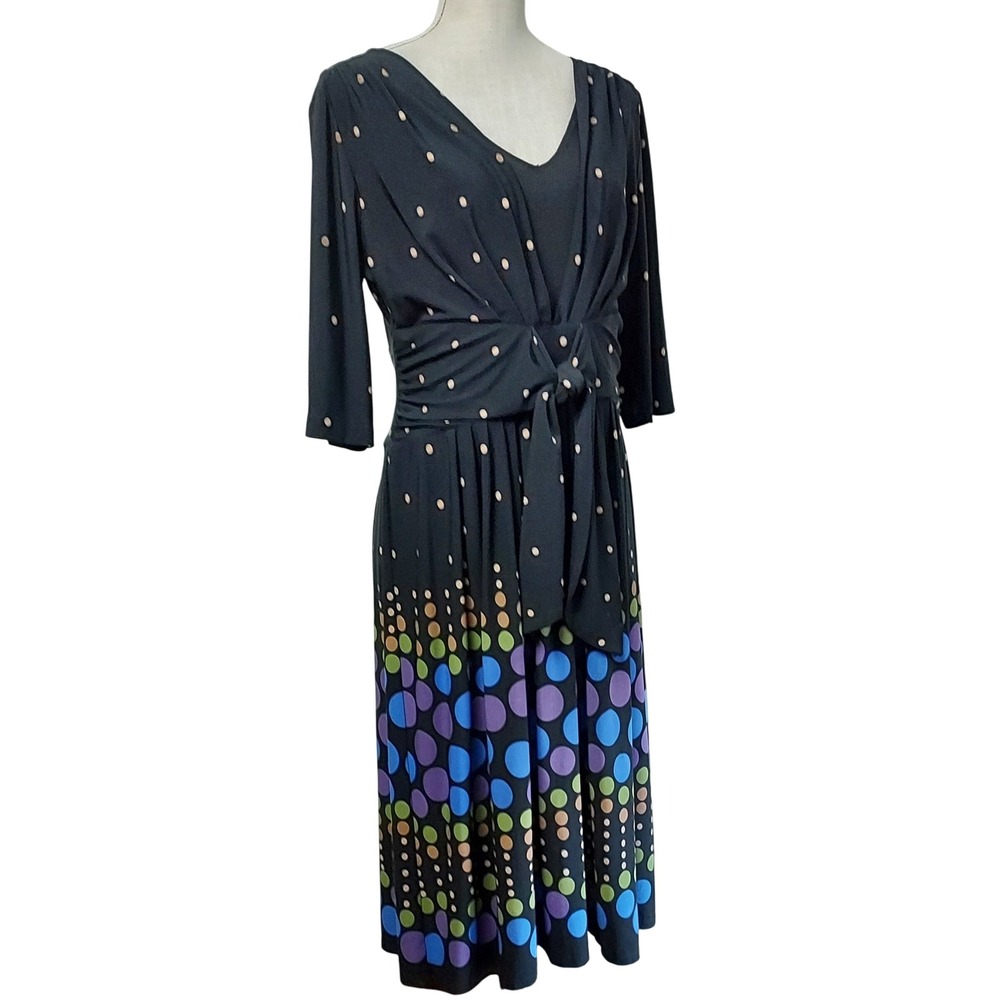 PS Style Women's Black Polka Dot Tie Waist Dress Colorful Bottom Size 12‎